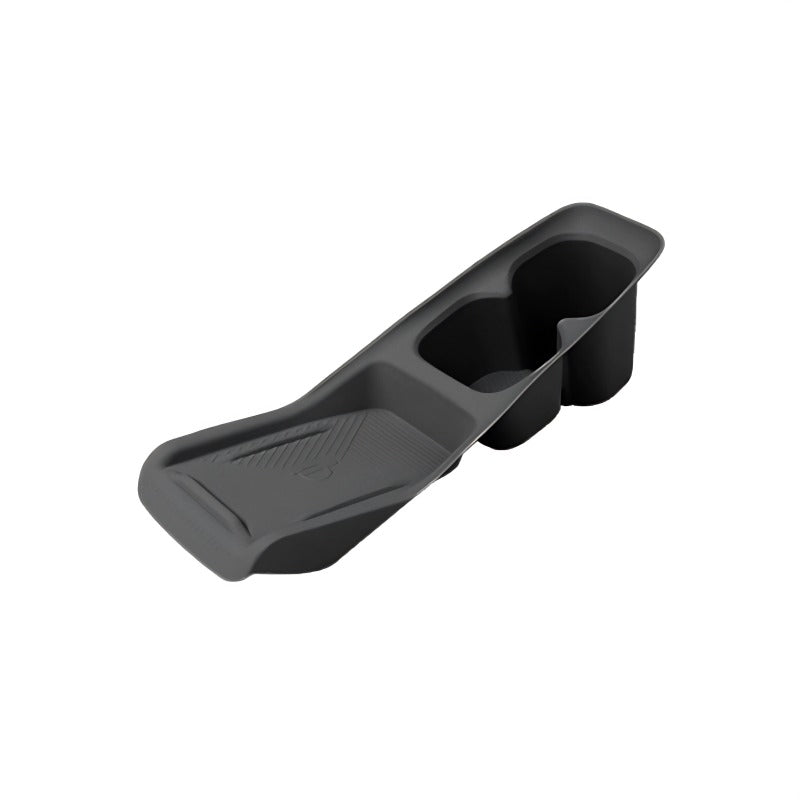 Professional matte black silicone center console organizer tray with integrated cup holders.