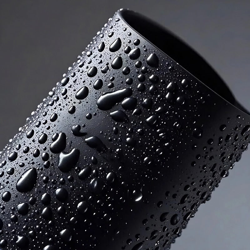 Close-up of water droplets on a professional matte black waterproof material surface.