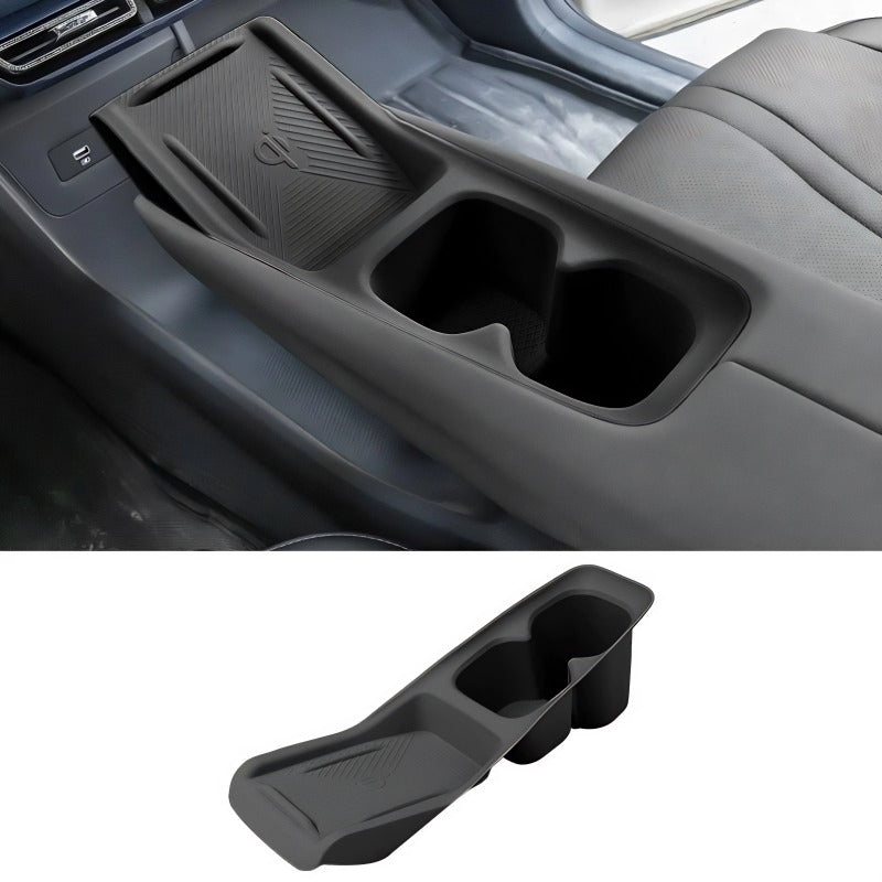 Black durable matte plastic center console organizer tray with cup holders for BYD vehicle.