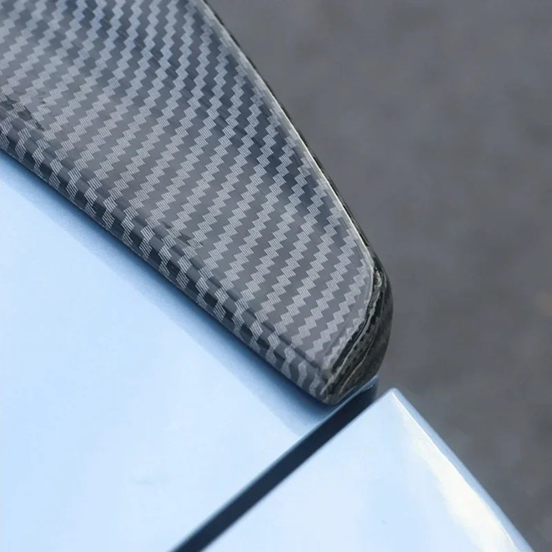 Close-up of a sleek carbon fiber patterned automotive trim piece on a light blue car body.