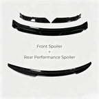 Glossy black aerodynamic front and rear performance spoiler set for car body enhancement.