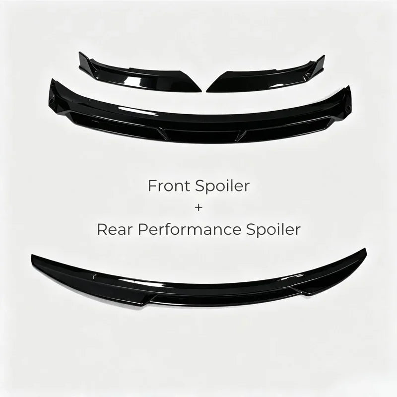 Glossy black aerodynamic front and rear performance spoiler set for car body enhancement.