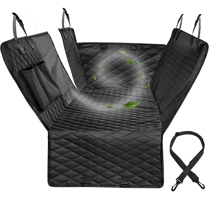 Black quilted waterproof car seat cover with storage pockets and secure straps