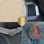 Beige quilted car seat cover with grey adjustable straps and secure buckles.