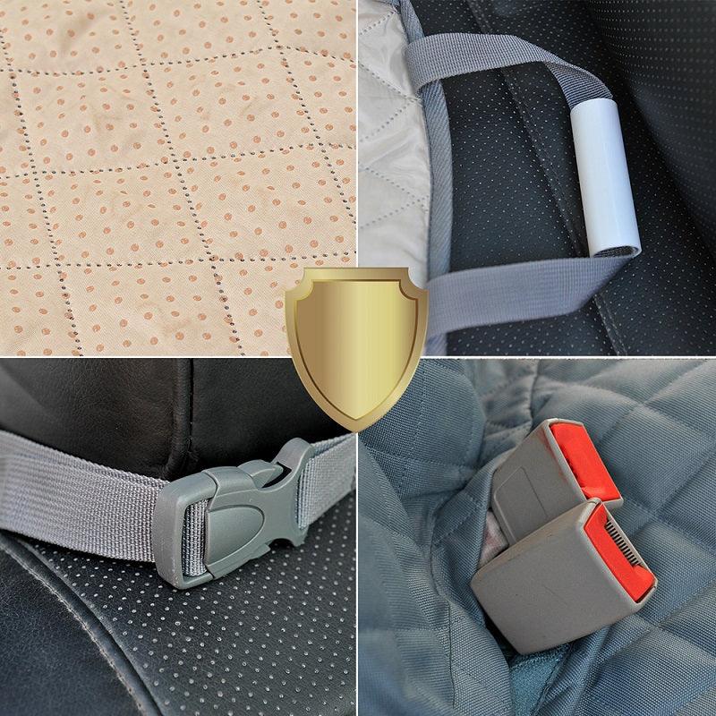 Beige quilted car seat cover with grey adjustable straps and secure buckles.