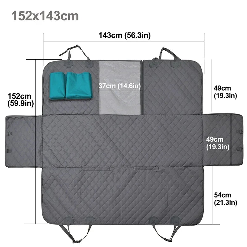 Grey quilted waterproof car mattress for BYD with dimensions and teal storage bags.