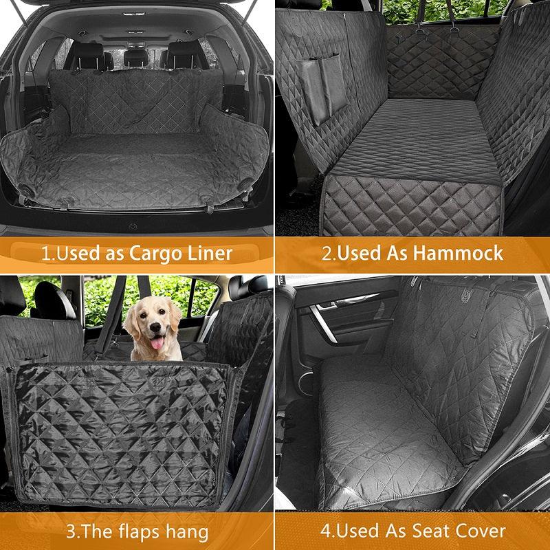 Waterproof grey quilted car dog seat cover demonstrating cargo liner, hammock, and seat protector modes.