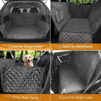 Waterproof grey quilted car dog seat cover demonstrating cargo liner, hammock, and seat protector modes.