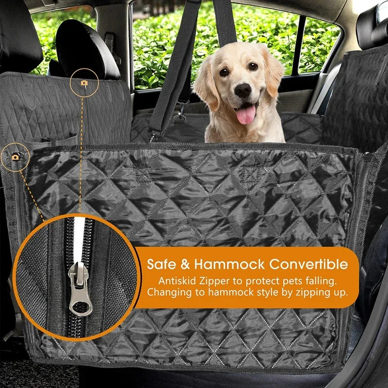 Grey quilted water-resistant car seat cover with hammock convertible zipper and a golden retriever.