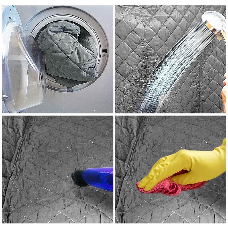 Four-panel guide showing cleaning methods for a grey quilted waterproof car mat.
