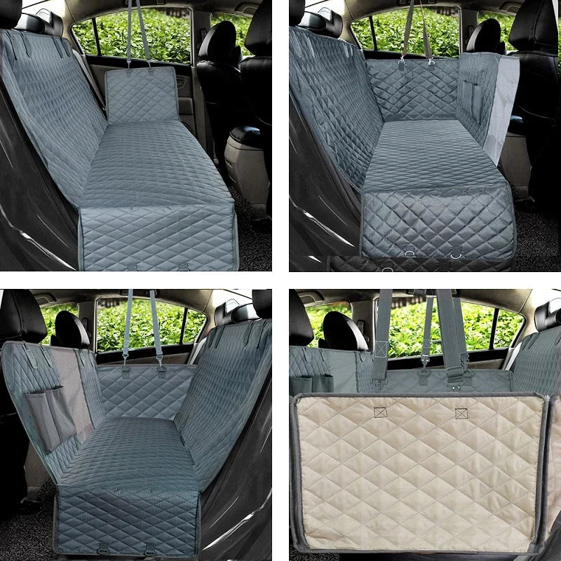 Grey quilted waterproof pet car seat cover with storage pockets and beige underside.