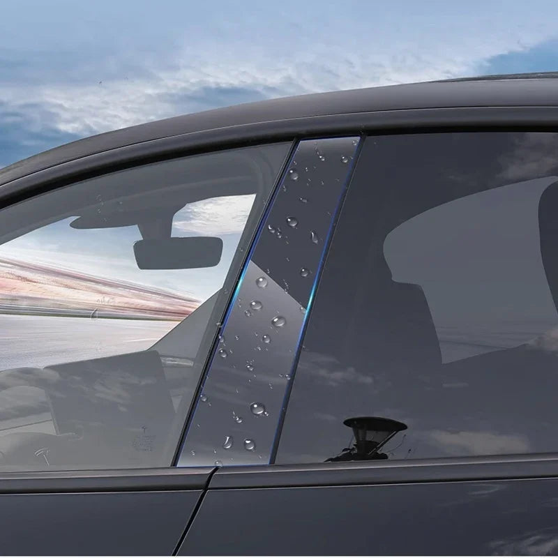 Sleek black chrome B-pillar trim cover with water droplets on a car window.