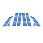 Abstract blue geometric logo featuring vertical stripes and symmetrical angular shapes.