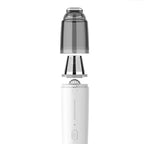 Exploded view of a white portable vacuum cleaner with a transparent grey plastic dust container.