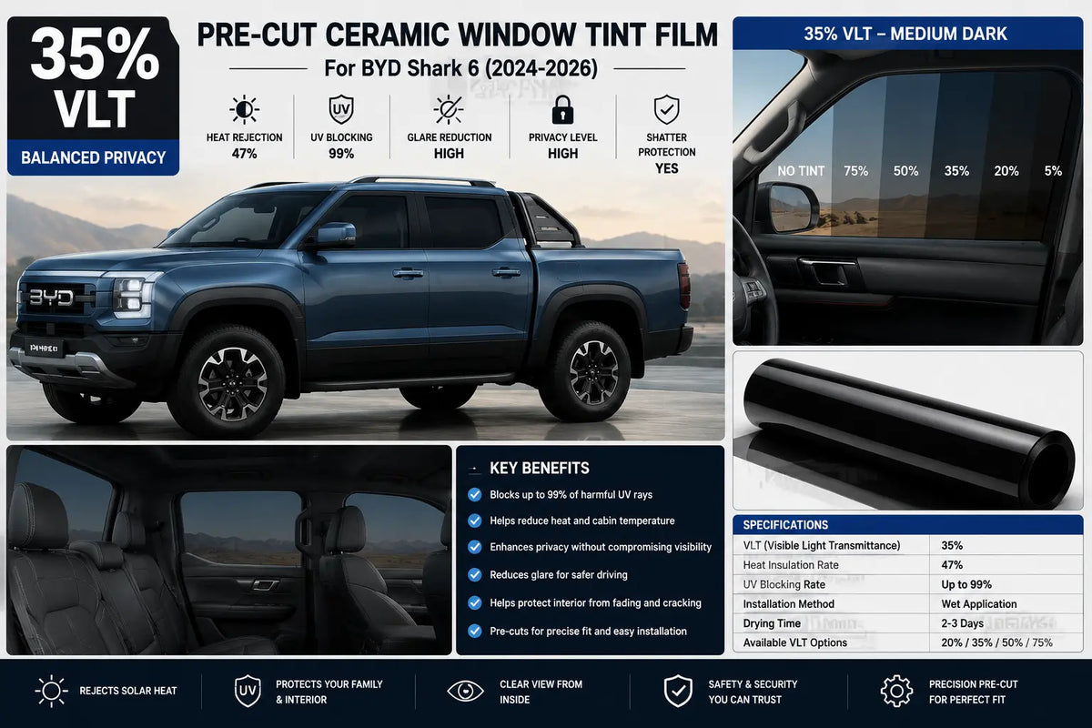 Designed for BYD Shark 6 2024-2026, this ceramic window tint kit helps reduce heat buildup, block harmful UV rays, and create a more comfortable driving experience.