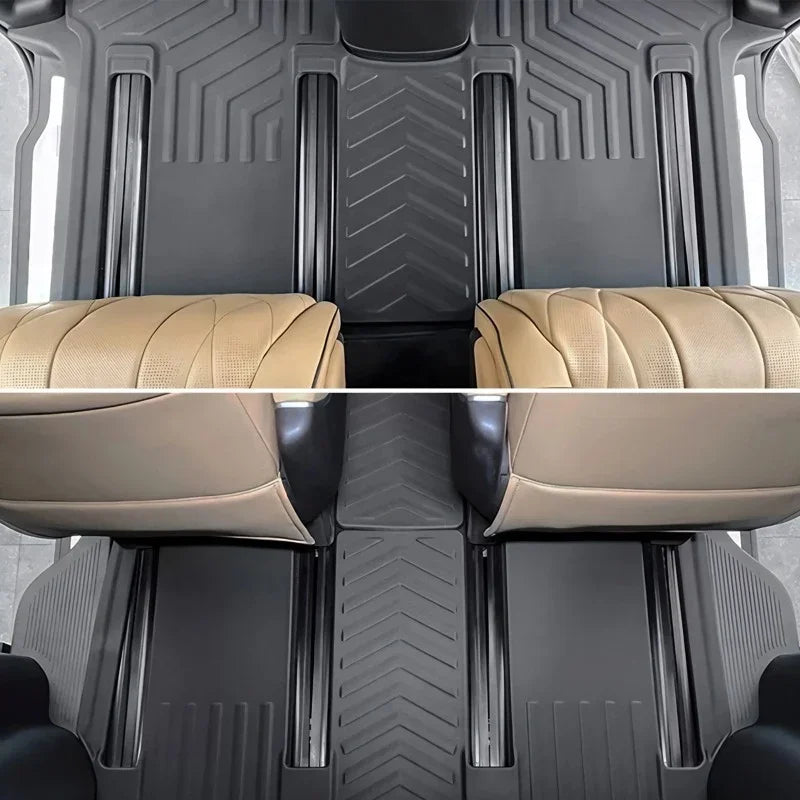 Black TPE custom-fit floor mats with textured pattern paired with beige leather car seats.