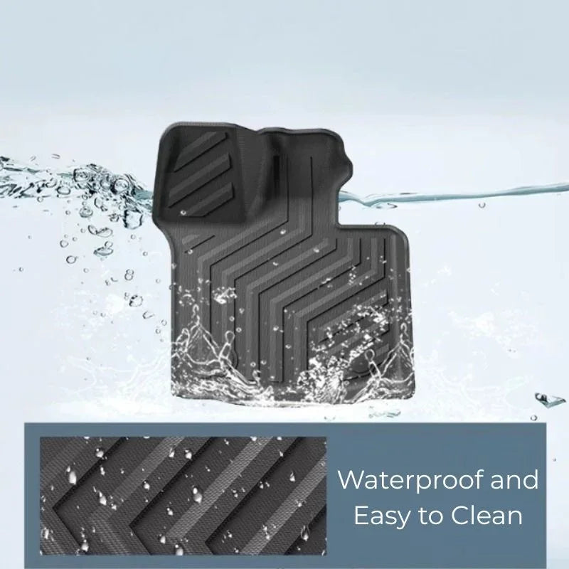 Black waterproof TPE car floor mat with anti-slip textured pattern for easy cleaning.