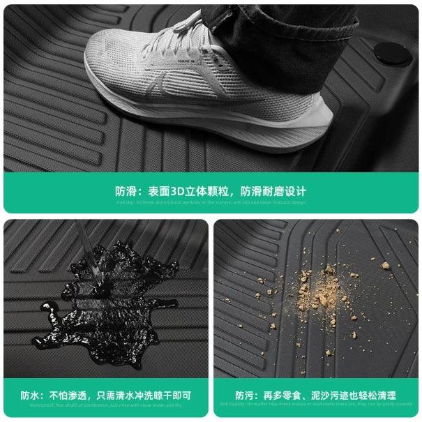 Black anti-slip 3D textured waterproof car floor mats made of durable, easy-to-clean material.
