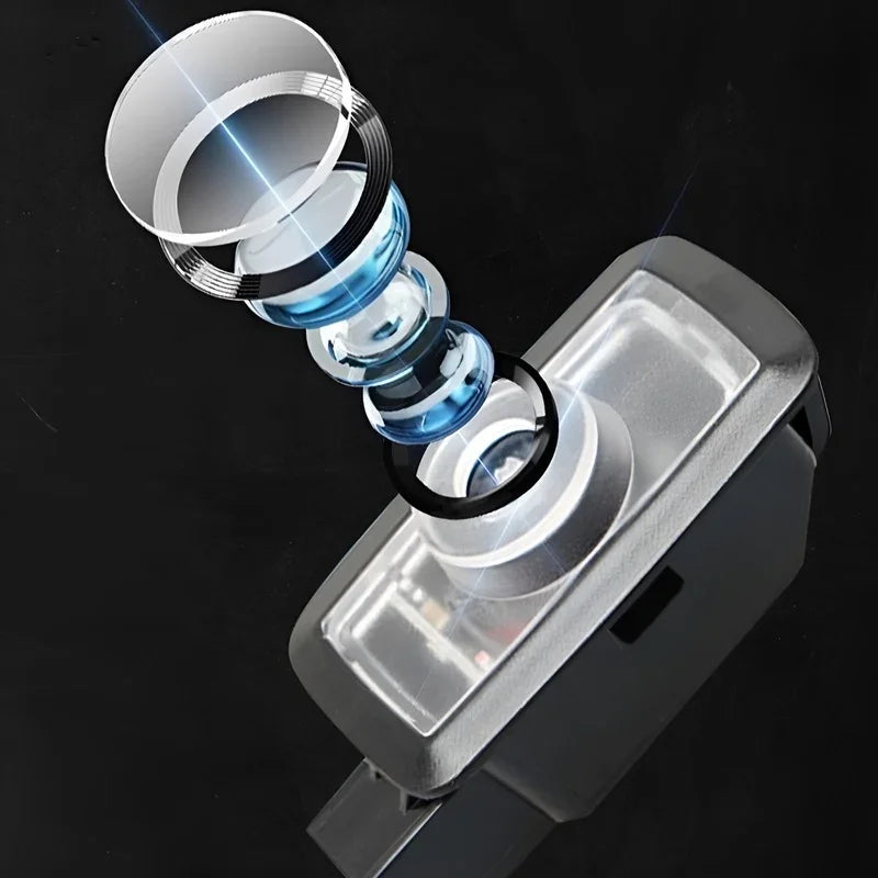 Exploded view of a multi-layered clear glass lens assembly with metallic silver housing.