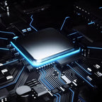 Close-up of a high-tech glowing blue microchip on a dark electronic circuit board.