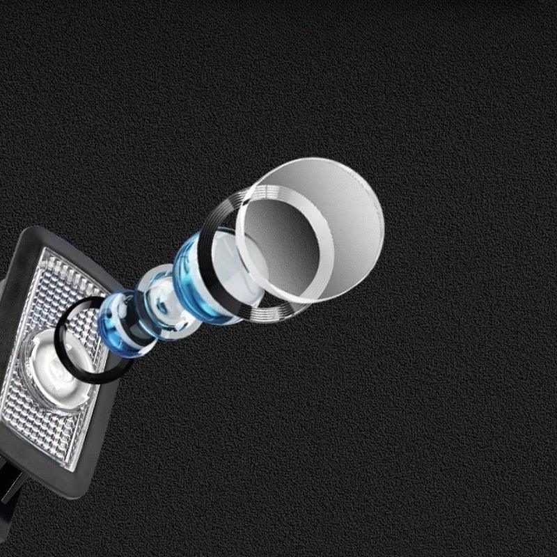 Exploded view of a multi-layered transparent glass lens assembly for a car headlight.