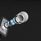 Exploded view of a multi-layered transparent glass lens assembly for a car headlight.
