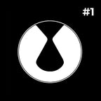 Minimalist white circular emblem with a unique teardrop cutout on a black background.