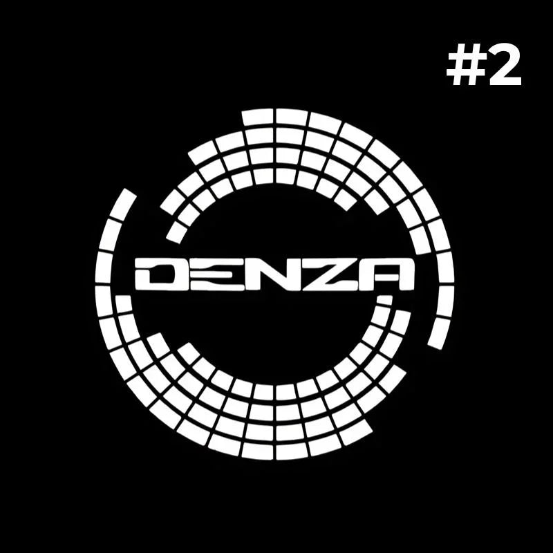 White DENZA logo featuring a modern circular geometric pattern on a solid black background.