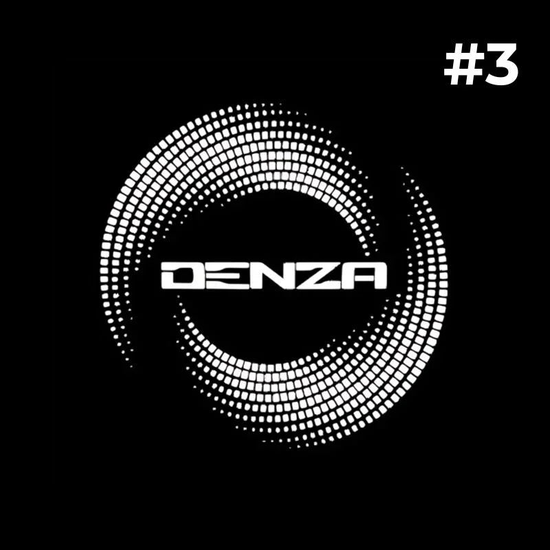 White DENZA logo centered within a circular futuristic dot-pattern design on black background