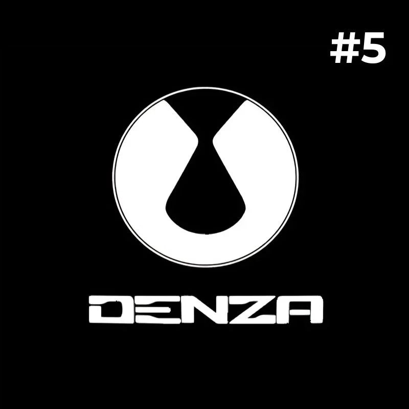 White DENZA logo and emblem centered on a solid black background.