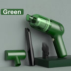 Green handheld portable vacuum cleaner with transparent plastic dust cup and black attachments.