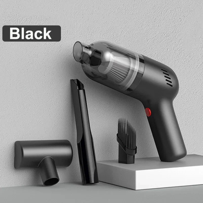 Black handheld car vacuum cleaner with transparent dust cup and various cleaning attachments.