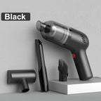 Black handheld car vacuum cleaner with transparent dust cup and various cleaning attachments.