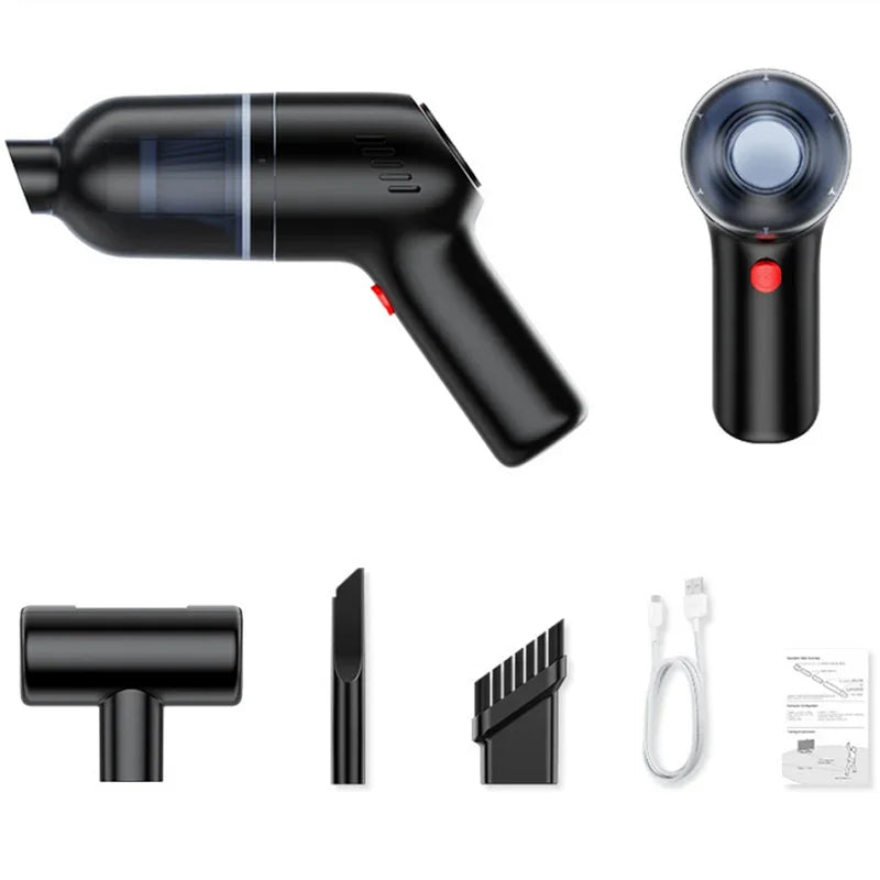 Black portable handheld car vacuum cleaner with various nozzle attachments and USB charging cable.
