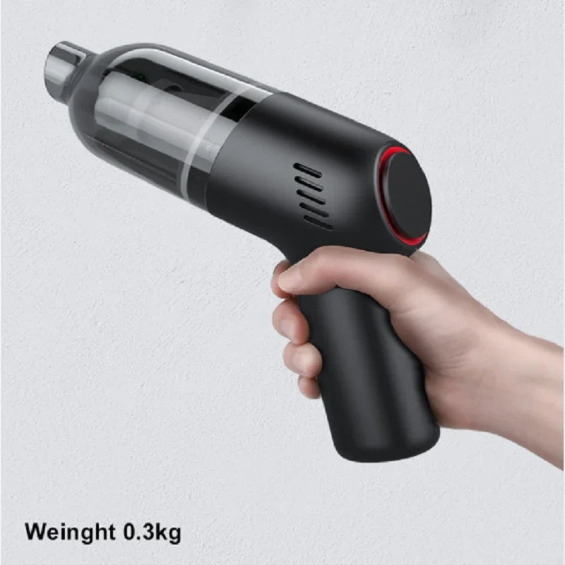 Handheld black cordless vacuum cleaner with transparent dust bin, lightweight 0.3kg design.