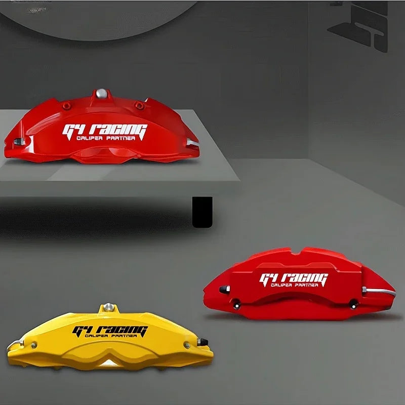 Red and yellow G4 Racing brake caliper covers made of durable high-quality material.
