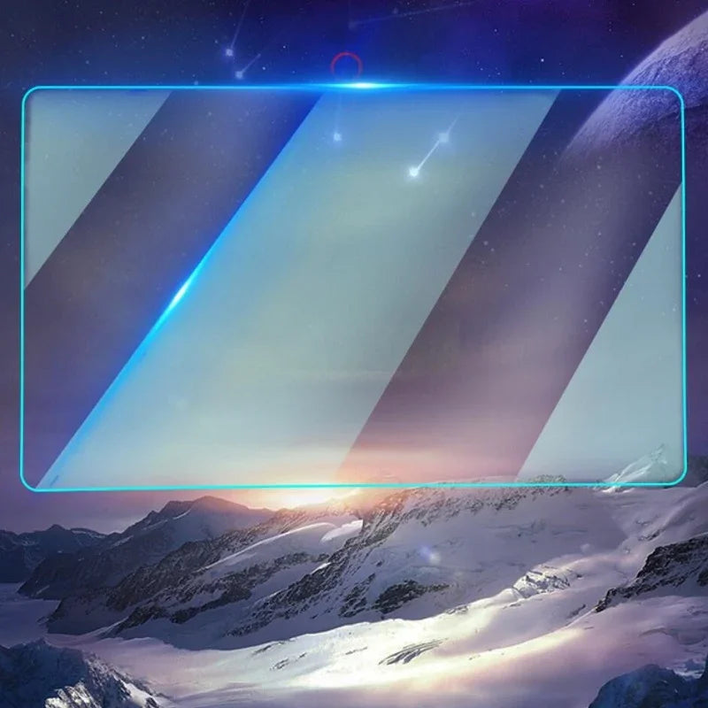 A transparent protective screen protector with a blue glowing edge set against a cosmic mountain landscape.