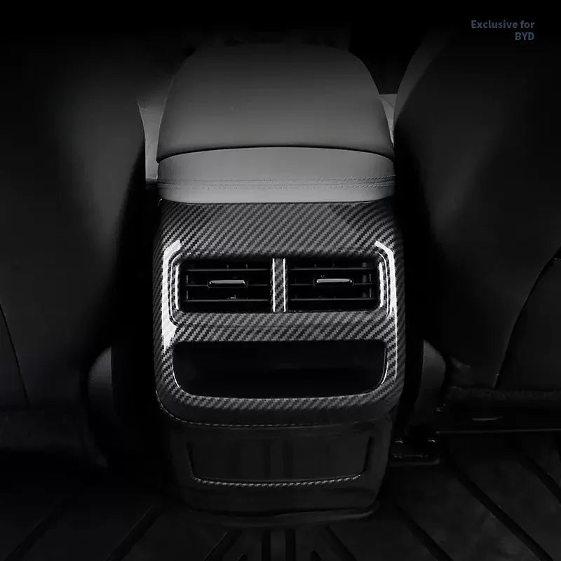 Carbon fiber texture rear center console trim for BYD in grey and black.