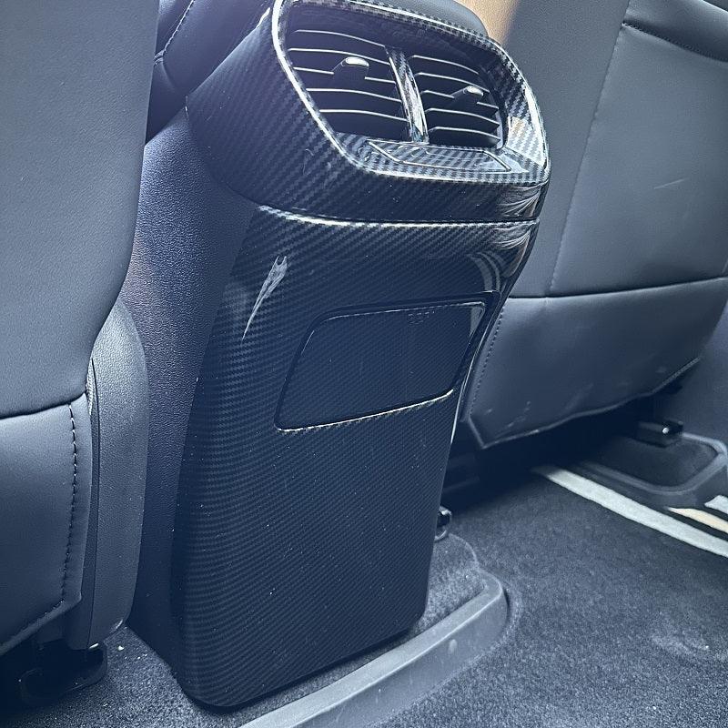 Black carbon fiber texture rear seat back protector for BYD interior protection.