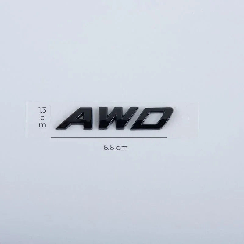 Glossy black AWD emblem badge, 6.6cm wide, for premium car exterior styling.
