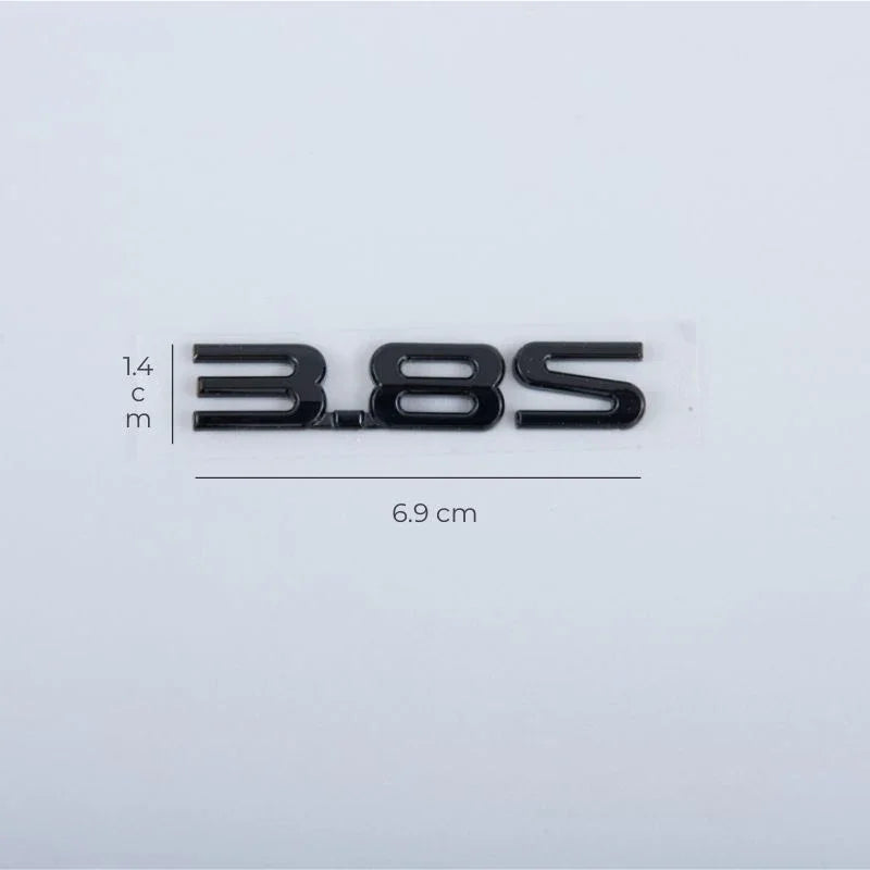 Black 3.8S glossy emblem badge, 6.9cm wide, for car exterior styling.