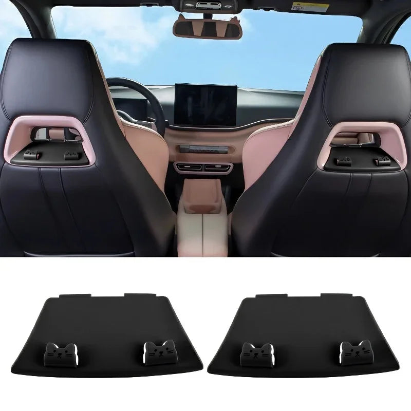Black leather seat back protector with cute cat-shaped clips for BYD interior protection.