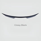 Sleek glossy black car spoiler with a curved aerodynamic design.
