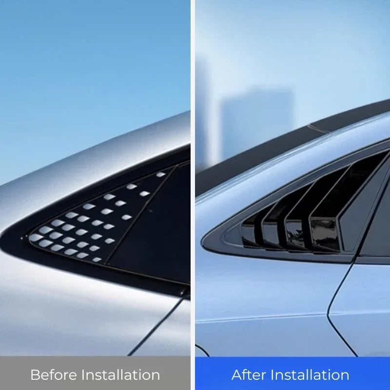 Glossy black window louvers installed on a silver car rear side window for enhanced protection.
