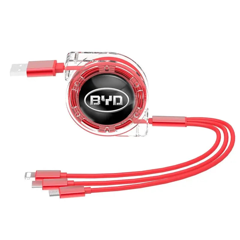 Red BYD multi-device charging cable on a white background