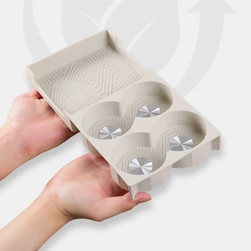 Cream beige silicone car center console organizer with non-slip textured pattern and cup holder inserts.
