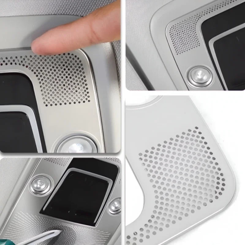 Silver metallic perforated trim panel for car interior ceiling accents.