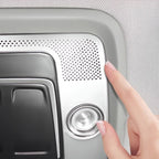 Silver metallic perforated control panel with a round chrome button on a grey interior trim.