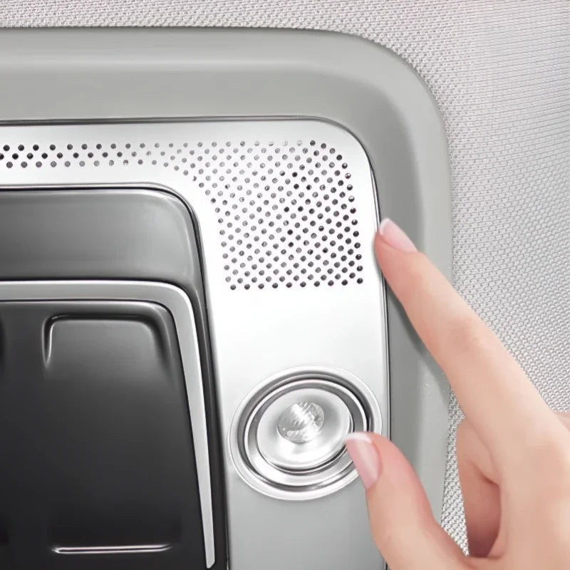 Silver metallic perforated control panel with a round chrome button on a grey interior trim.