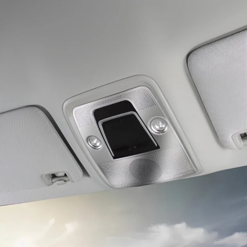 Premium white interior ceiling panel with integrated black sun visor and LED light fixture.